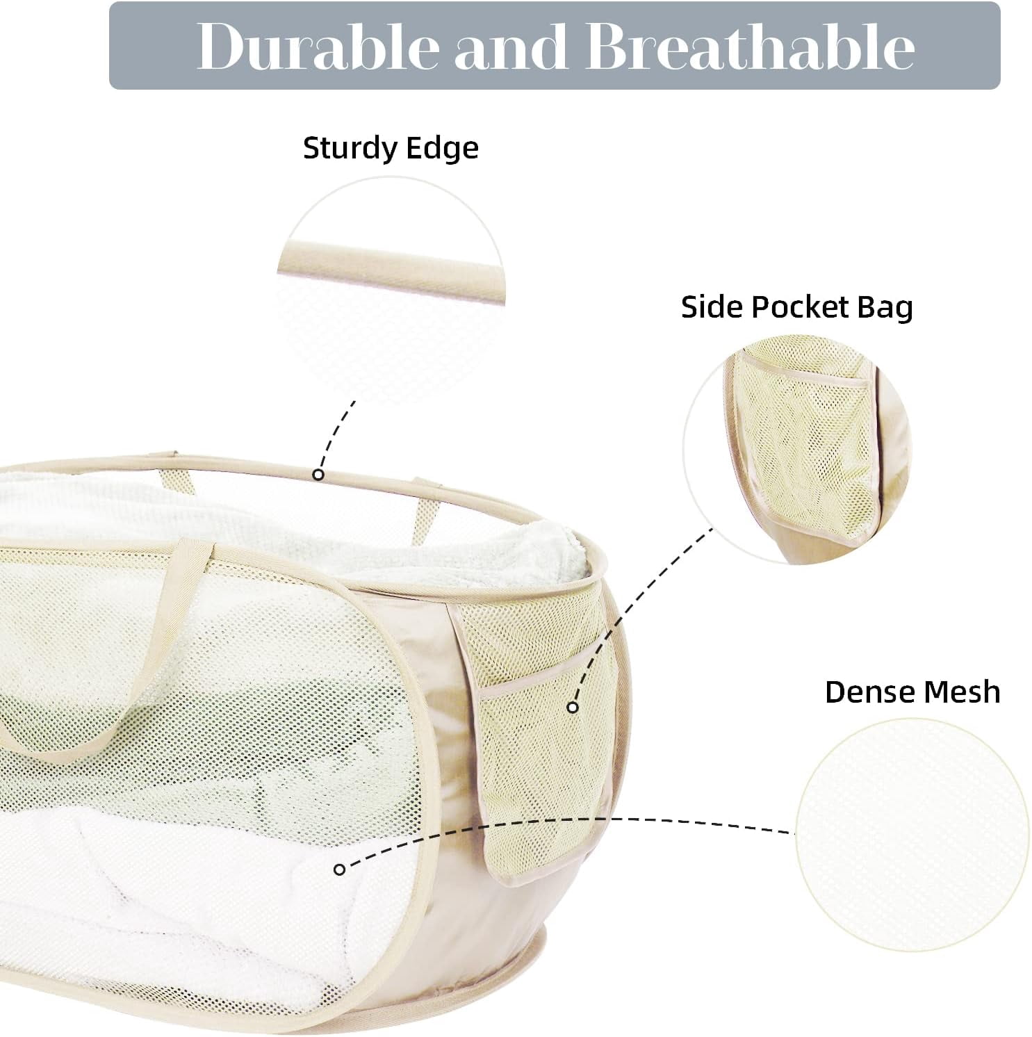 Kiibsot Strong Mesh Pop Up Laundry Basket, Collapsible Laundry Hamper with Side Pocket, Foldable Clothes Hamper with Durable Reinforced Handles for Laundry, Bathroom, Kids Room, Dorm or Travel