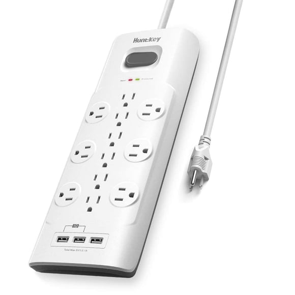 Surge Protector Power Strip (4000J), Huntkey 12 Outlets Extension with 3 USB Ports, 6ft Extension Cord, Heavy-Duty Power Bar for Workbench,