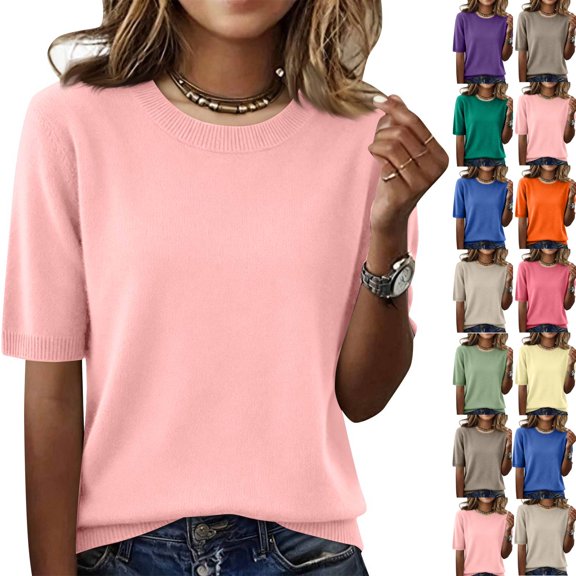 Short Sleeve Sweaters Womens Crew Neck Shirts Business Casual Work Tops 2026 Summer Pullover Light pink S