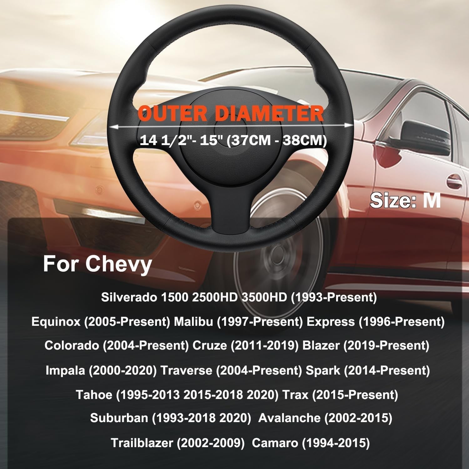 For Chevrolet Ultra-thin Nappa Leather Steering Wheel Cover, Clip on Breathable and Anti-Slip Design, Black Car Accessories Fit for 14.5”-15”