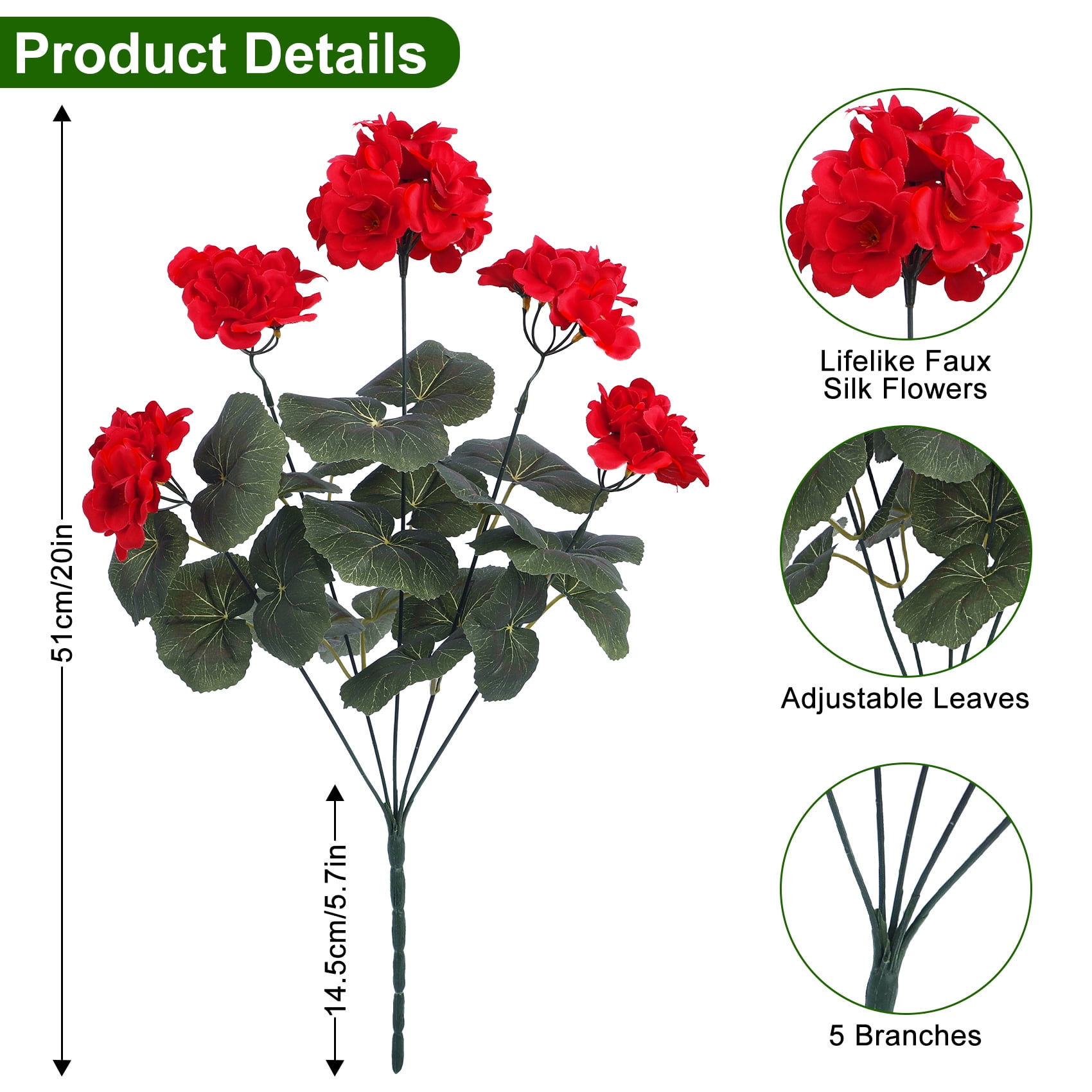 Scidweet Fake Geraniums Flowers, 6 Bundles 21'' Artificial Silk Flowers Faux Plants for Spring Summer Indoor Outdoor Table Patio Porch Yard Garden Home Decor, Ruby Red