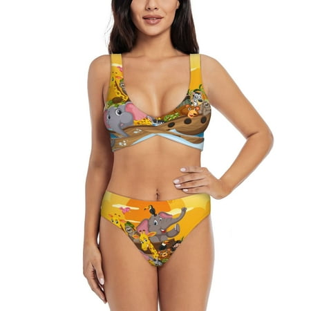 Zeuib Animals on Noah s Ark1 High Waisted Tummy Control Bikini Set - Knot Front Push Up Top & Cheeky Thong Bottom  Two-Piece Swimsuit for Women-Large