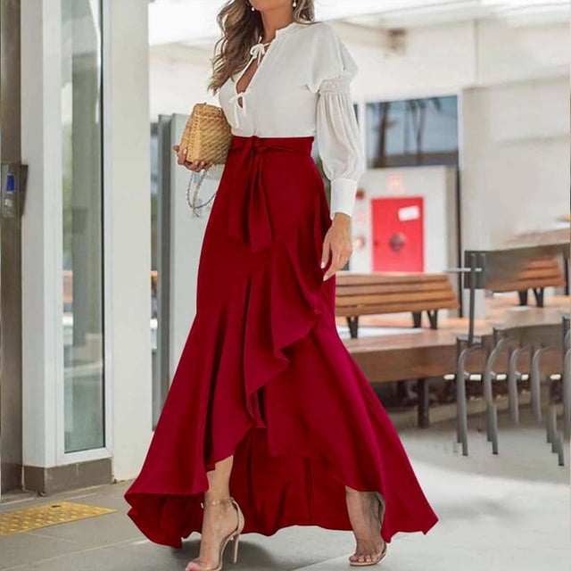 Faldas largas Falda larga casual para damas Una línea Asimétrica Color sólido Estilo sexy Traje diario Ygjytge Vino rojo T M para Mujer