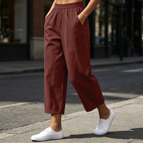 Xdegoge Cropped Pants for Women Casual Elastic Waist Loose Fit Comfy Lightweight Capris for Lounge Summer Wear with Side Pockets Flattering Wide Leg Trousers