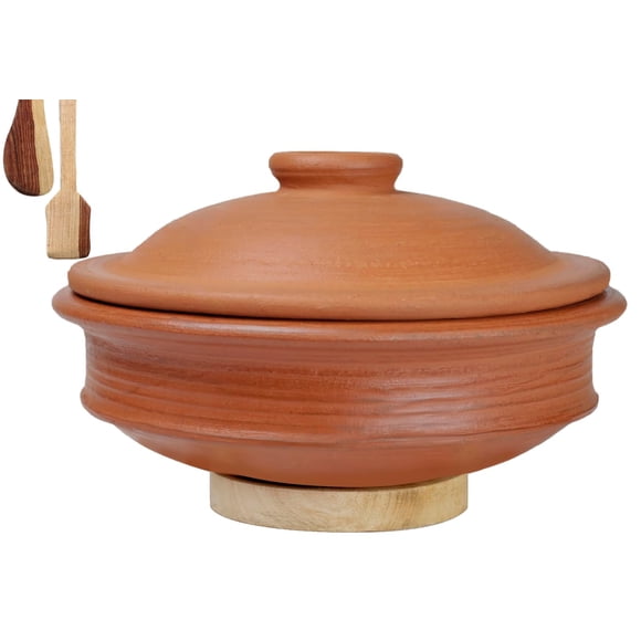 Deep Burned Uncoated Clay Pot With Lid Or Mitti Handi With 2 Spatulas Complimentary For Cooking & Serving - Red, 1 Liter | Pre-seasoned Mud Pot - Unglazed, Double Fired, Hand Crafted