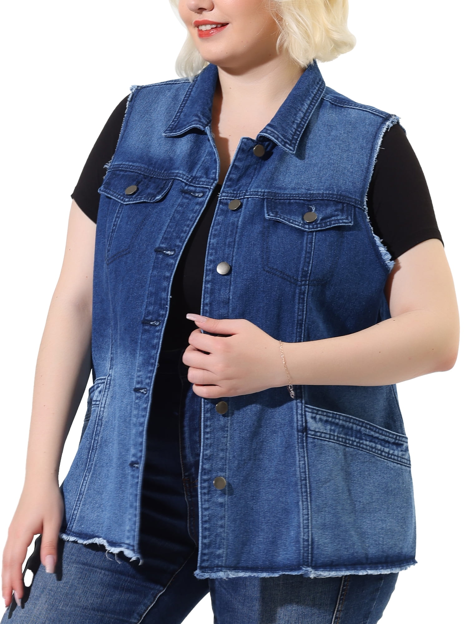 Unique Bargains Women's Plus Size Denim Vest Button Chest Flap Pocket