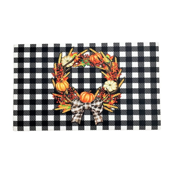 Buffalo Plaid Fall Wreath Door Mat - 18" x 30", Black & White, Thanksgiving, Autumn Harvest Decor, Halloween, Front Door Decor