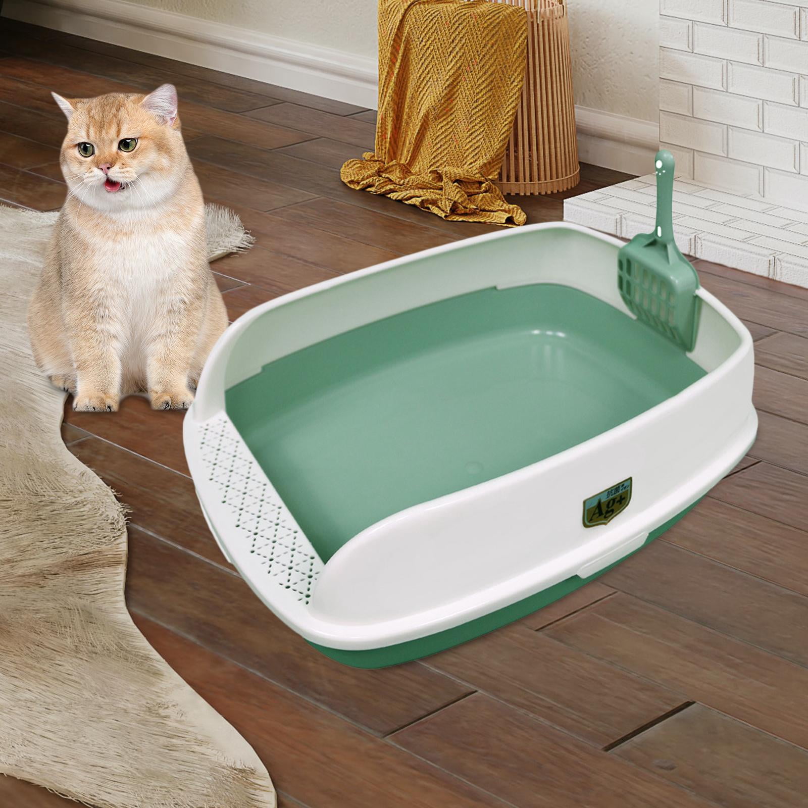 High Sided Cat Litter Box Semi Enclosed with Scoop Anti Splashing Cat Bedpan Green