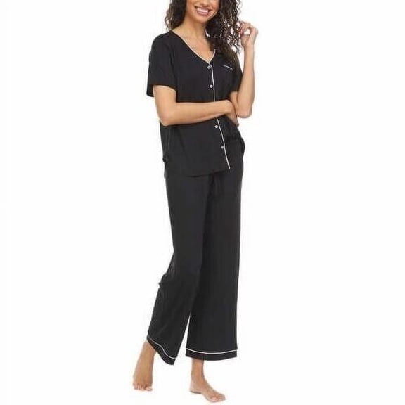 Flora Nikrooz Womens Pajamas 2-Piece Short Sleeves Pockets Capri Black Medium