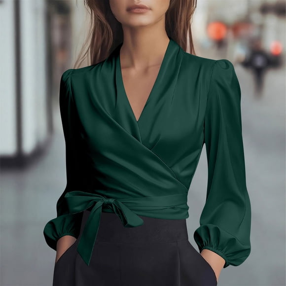 Roncen Womens Satin Wrap V Neck Blouse Long Sleeve Tie Belt Shirt Elegant Fitted Top