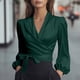 thumbnail image 1 of TaTaai Women’s Casual V Neck Satin Blouse Long Sleeve Tie Strap Loose Fit Solid Color Printless T Shirts Soft Polyester Winter Holiday Wear Gift, 1 of 8