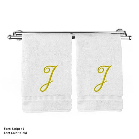 Personalized Embroidered Baby Gifts Monogrammed Washcloth Towel, Personalized Gift, 13x13 Inches - Set of 2 - Gold Script Embroidered Towel - Extra Absorbent 100% Turkish Cotton - Soft Terry Finish - Initial J White ()