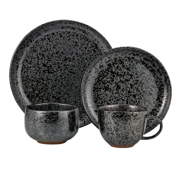Over and Back 16 Piece Black Stoneware Dinnerware Set