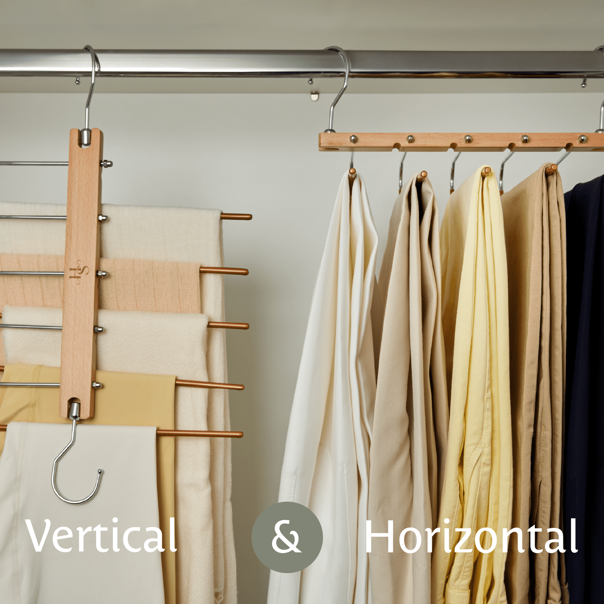 HANGSAGE Pants Hangers, 2-Pack Space-Saving Beechwood & Metal Jean Holder, 5-Tiers, 360° Swivel Hook & Non-Slip Rods, Elegant Closet Organizer