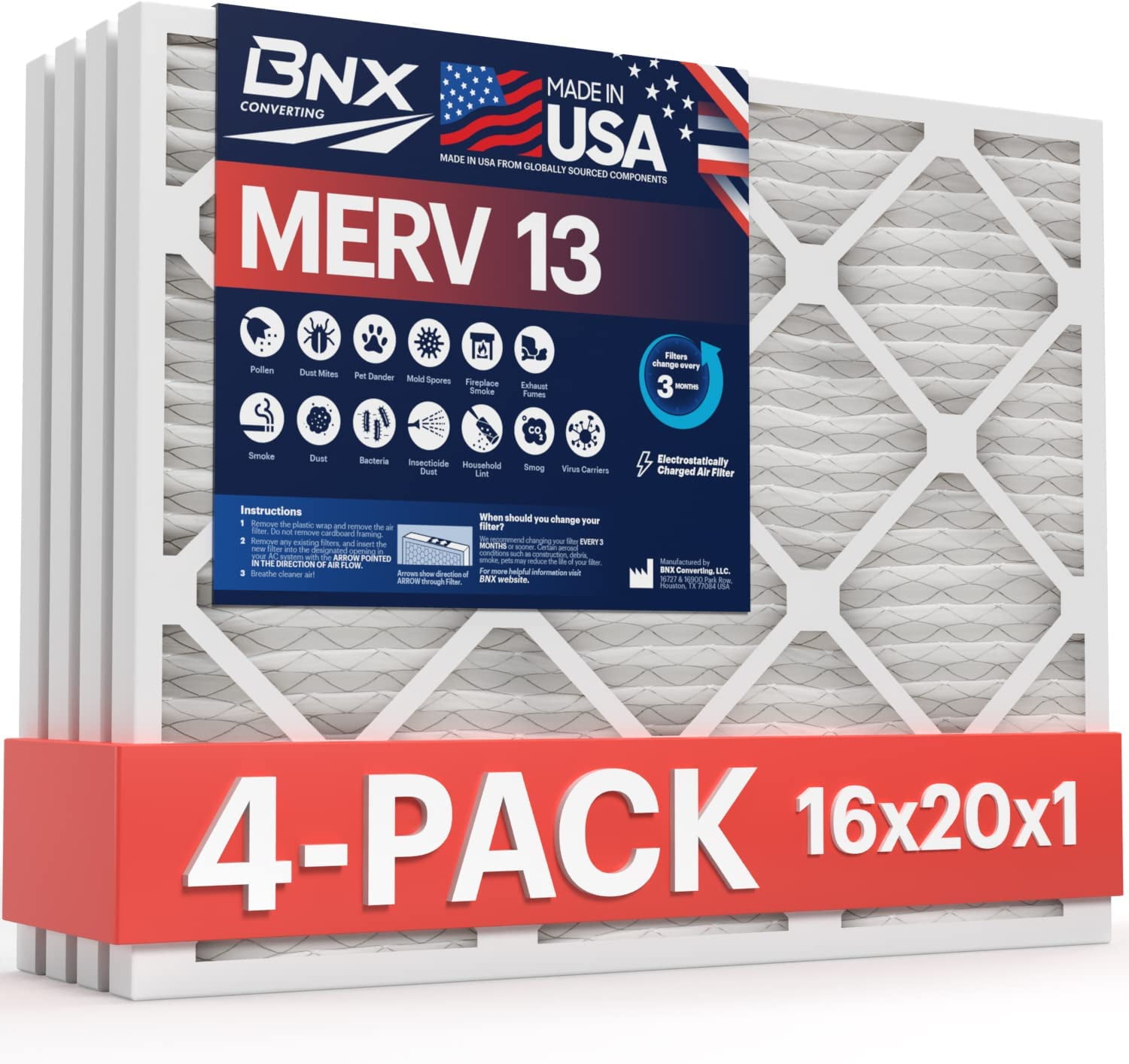 BNX 16x20x1 MERV 13 Air Filter 4 Pack MADE IN USA Electrostatic