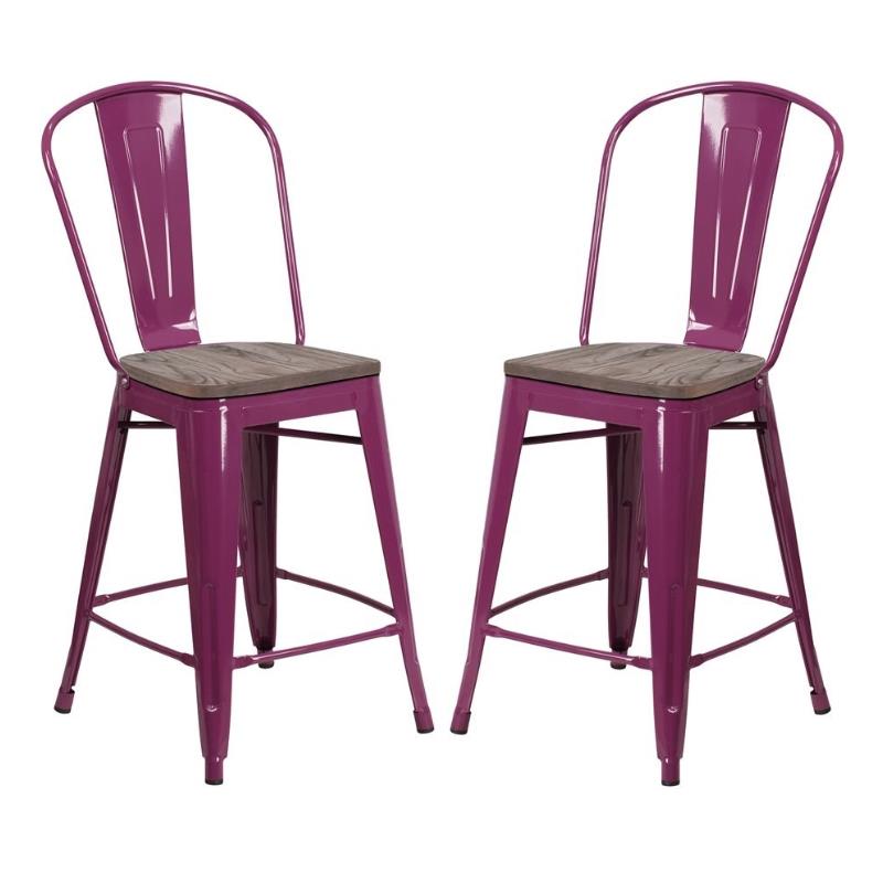 Home Square 24" Metal Counter Stool in Purple and Wood Grain Set of 2