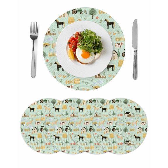 Cartoon Farmhouse Round 15 Inch Placemats Set of 4, Cute Watercolor Cabin Animals Trees Green HeatResistant Non Slip Place Mats for Dining Table, Wipeable Braided Kitchen Table Mats for Housewarming