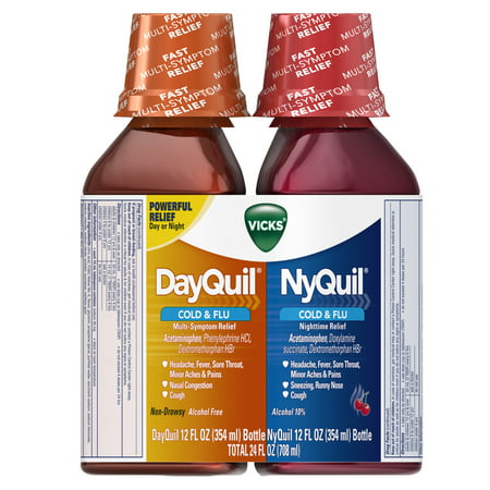 Vicks DayQuil, Non-Drowsy, Daytime Cold & Flu Medicine & NyQuil, Nighttime Multi-Symptom Relief, Cherry Flavor, Liquid Combo Pack 12 Oz