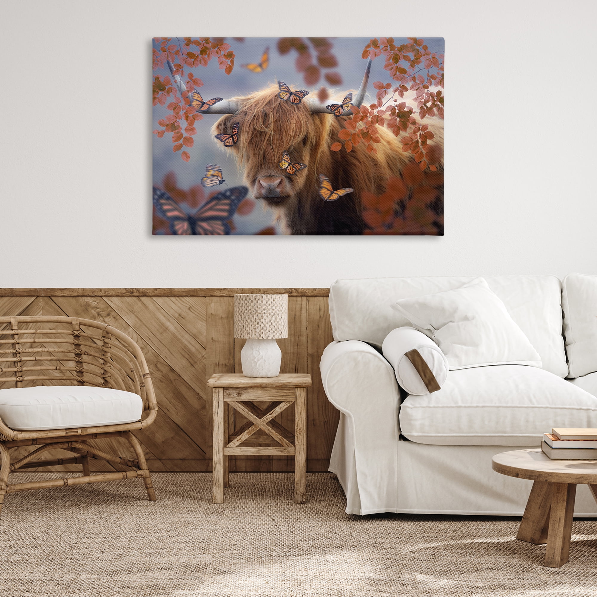 Stupell Industries Monarch Butterflies & Cattle Animals Painting Wrapped Canvas Art Print Wall Art, 45 x 30