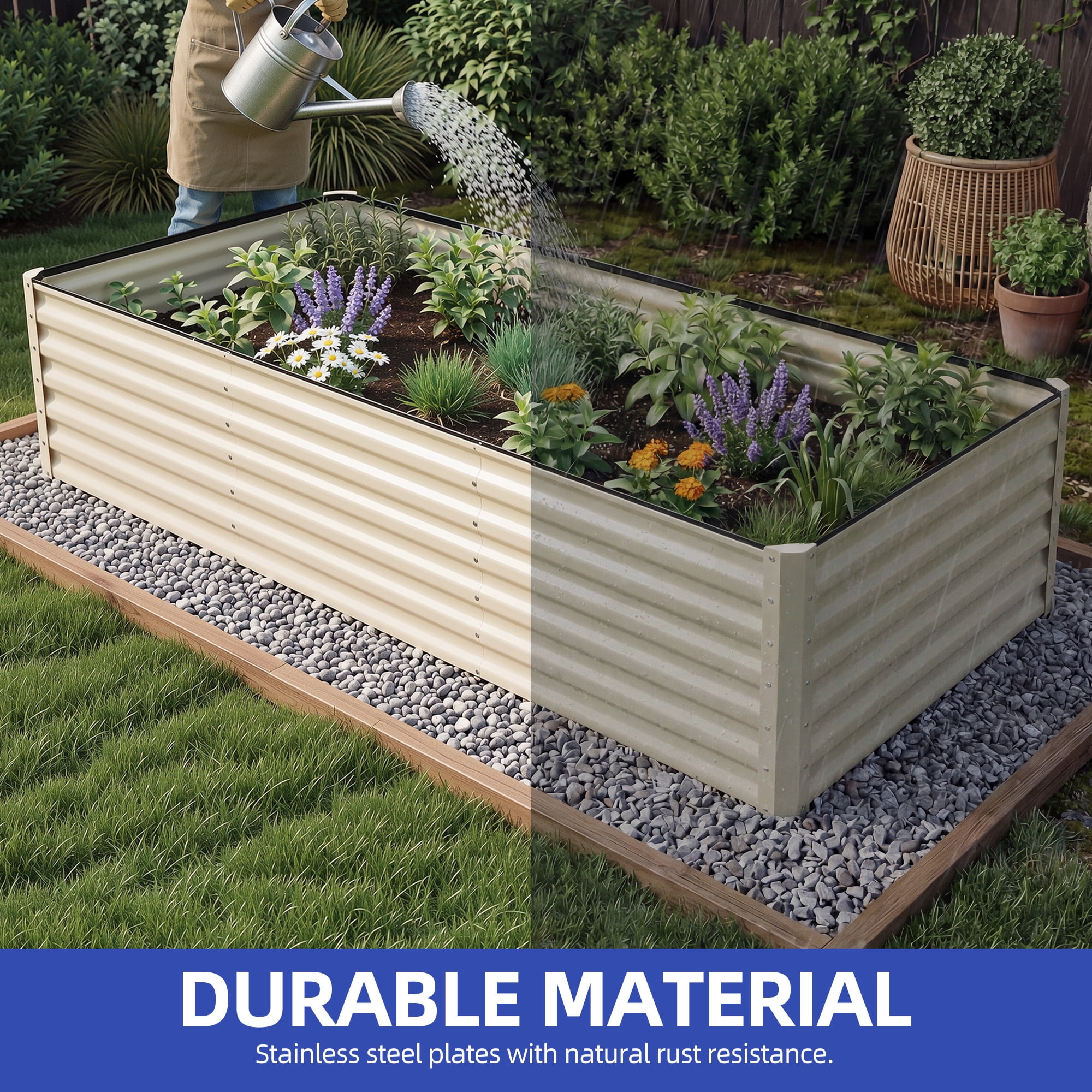 Uforic 6X3X2FT 1 Pack Galvanized Metal Raised Garden Bed Kit with Gardening Gloves & Support Rod, Outdoor Above Ground Planter Box for Plants Vegetables Flowers, Cream White