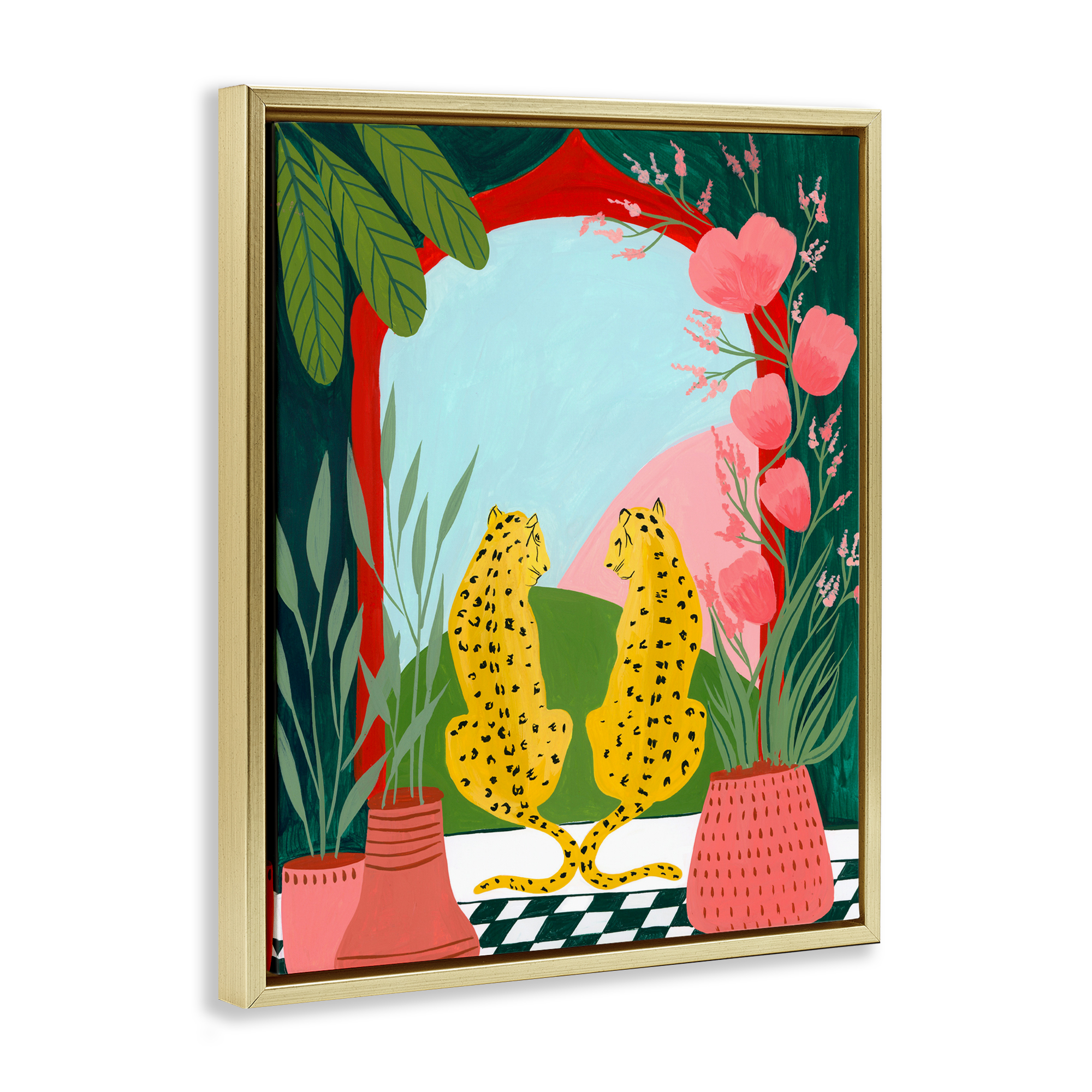 Twin Leopard & Plants Gold Framed Floater Canvas Wall Art, design by Nabeela Rumi