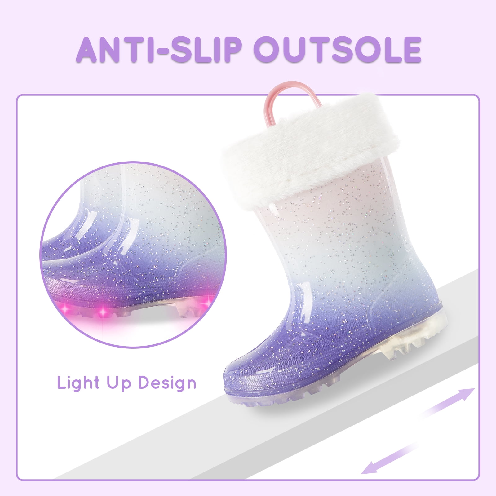 Kids Toddler Light up Rain Boots for Girls Winter Warm Glitter Boots with Removable Lining, Purple Gradient, Size 10