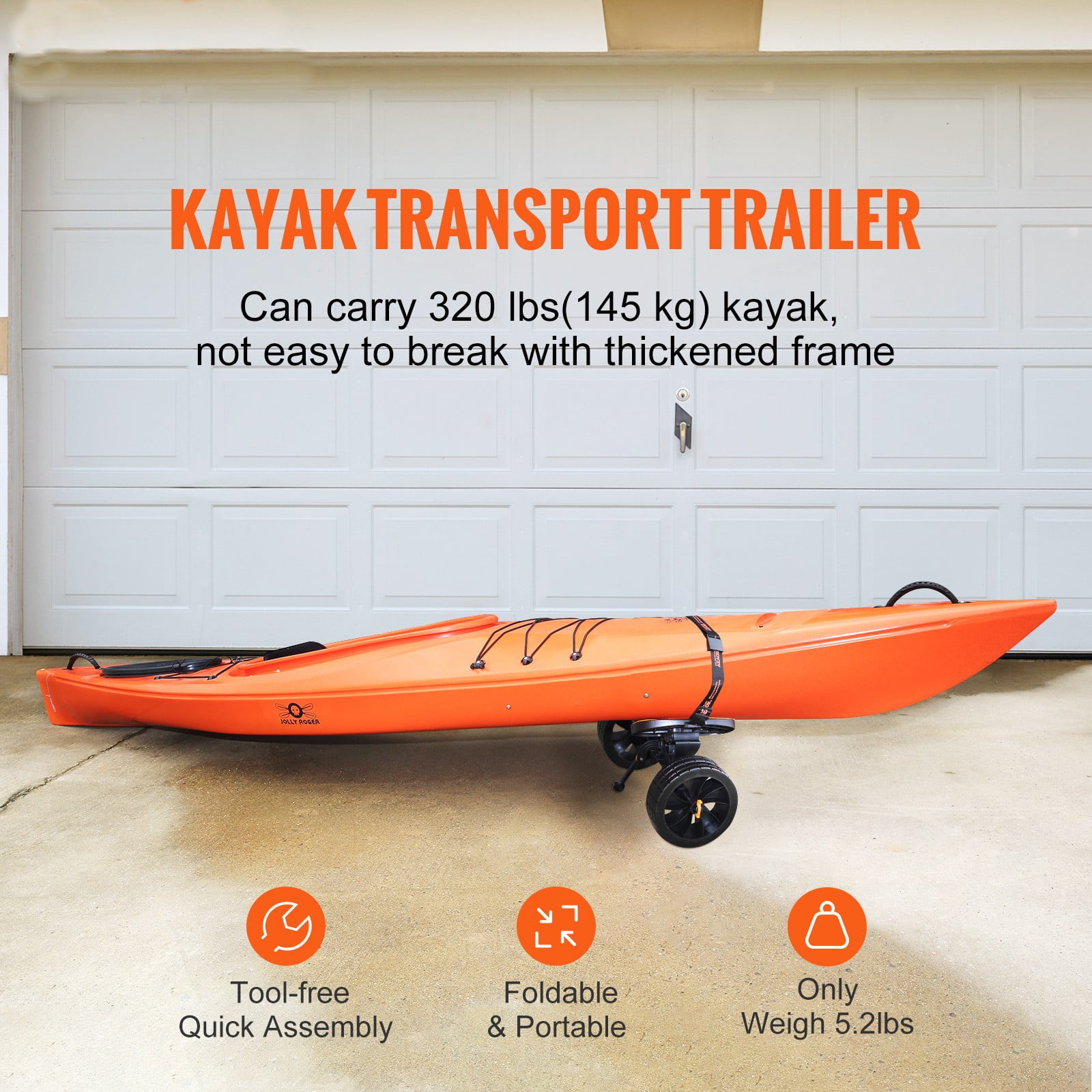 VEVOR Kayak and Canoe Trolley Cart with 10'' Solid Tires，320lbs Load Capacity with Adjustable Brackets and Straps