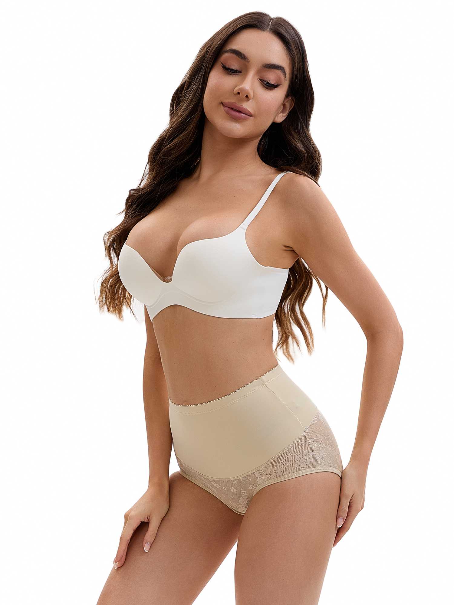 Unique Bargains High Waisted Slimming Lace Briefs S Beige