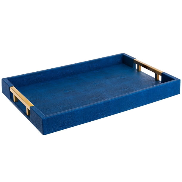 Home Redefined Bandeja Decorativa para Servir de Piel Sintética de Tiburón Rectangular de 45 X 30 Cm con Asas de Metal de Latón, Color Azul Marino
