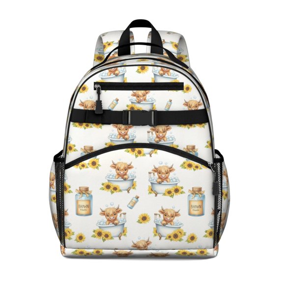 Highland Cow and Sunflower Print Cute School Backpack Bag for School with Padded Back and Adjustable Shoulder Straps 15.25"x11.5"x5.25"