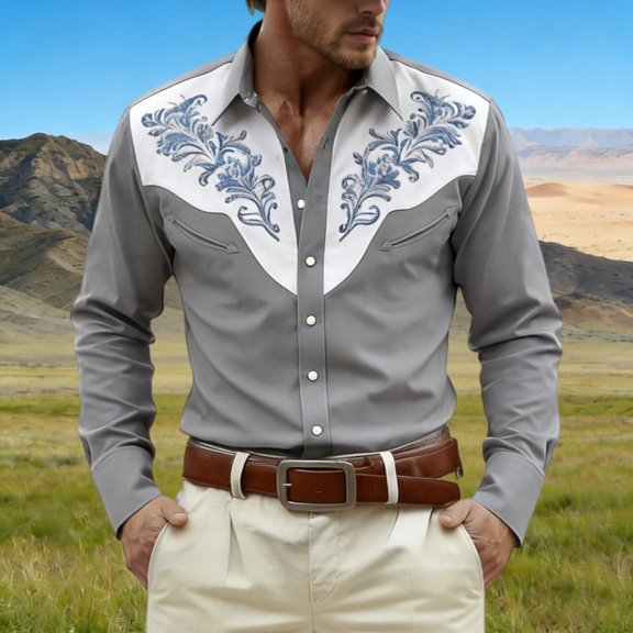 Zysthvn Casual Mens Shirts Long Sleeve Western Cowboy Fall Work Men's T Shirts Turn Down Collar Button Printed Lightweight Tops