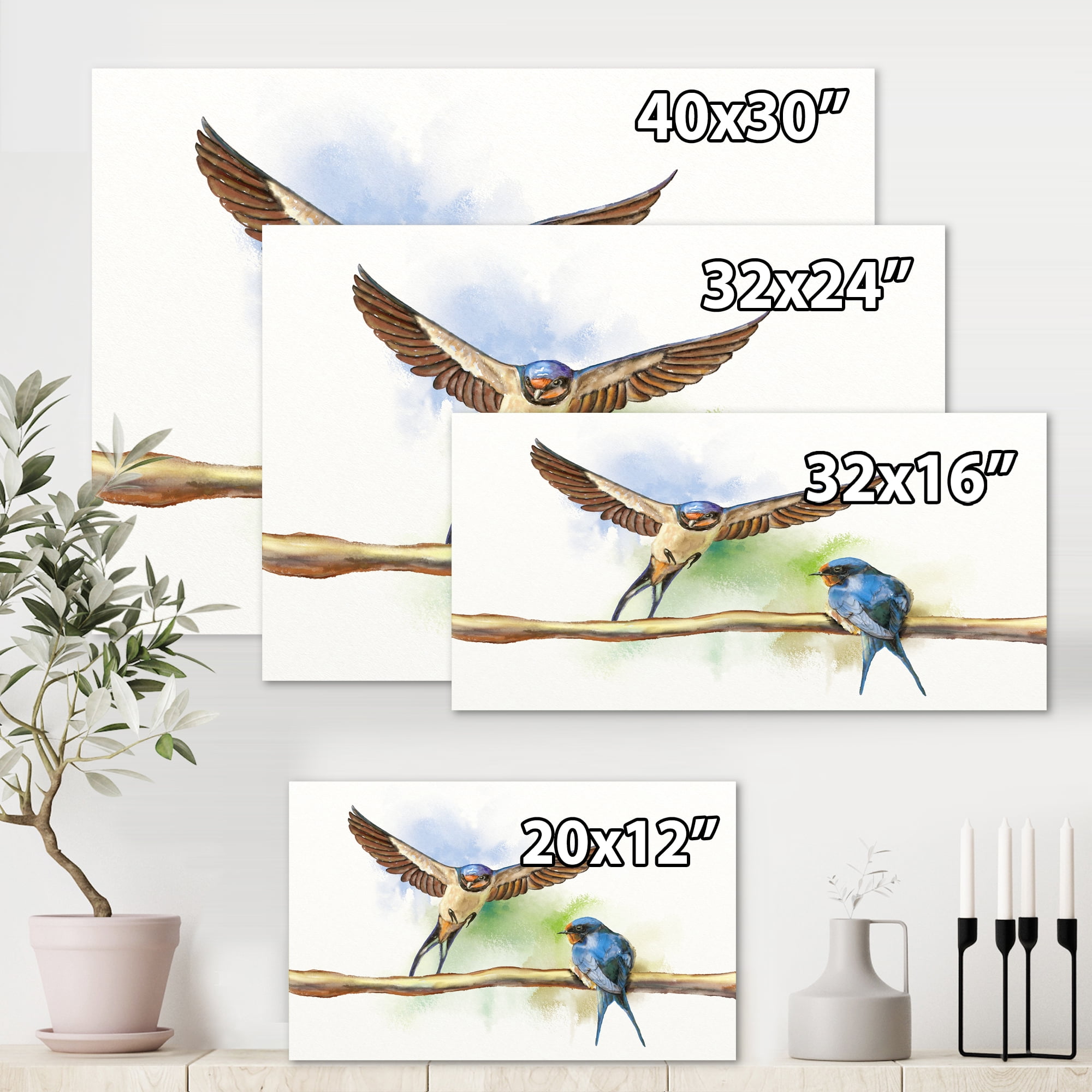 Designart ' Two Barn Swallows Birds On Branch ' Farmhouse Canvas Wall Art Print
