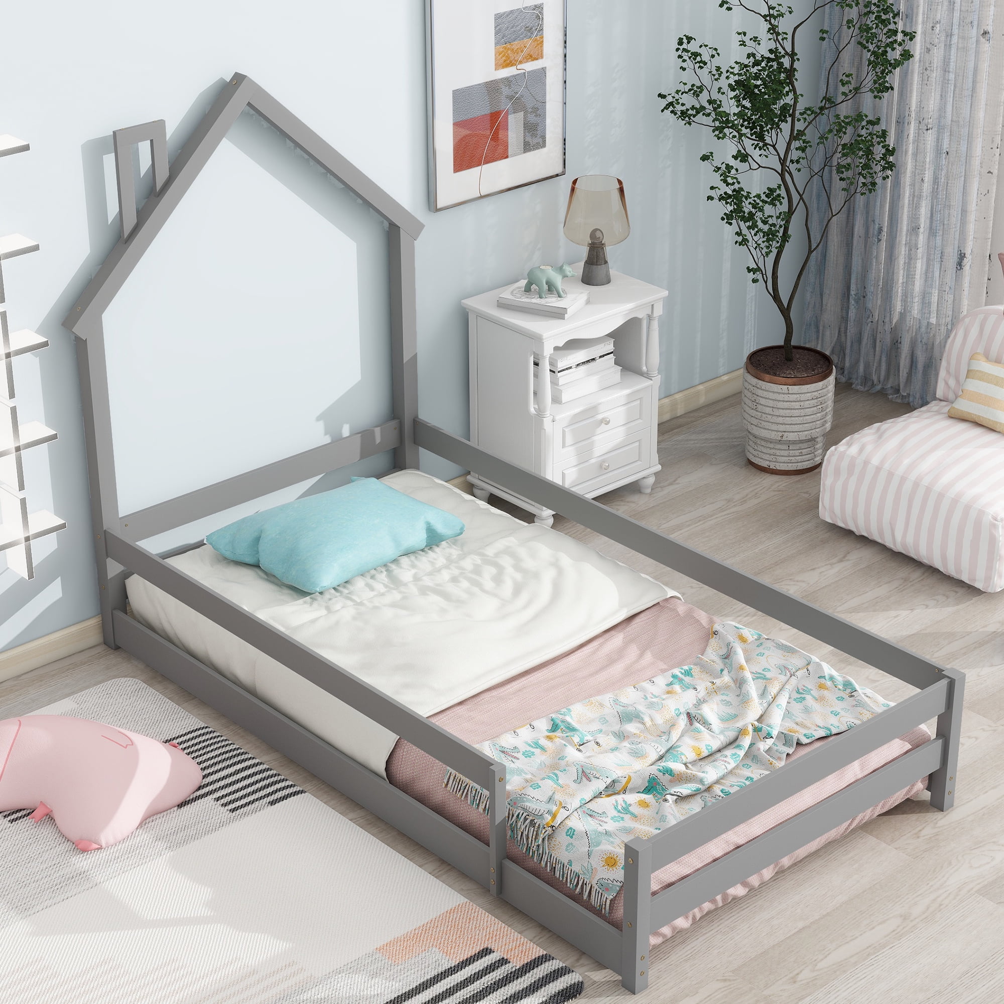 Euroco Twin Size House Bed, Low Profile Floor Bed with Chimney, Gray
