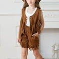 thumbnail image 3 of dazeni Girls Cloting Sets 2 Piece Fashion Cute Cowboy Vest and Shorts Sleeveless Fringe Suede Vests and Elastic Waisted Shorts Western Vest Jacket Cardigan Trendy Fall Outerwear Outfits, 3 of 8