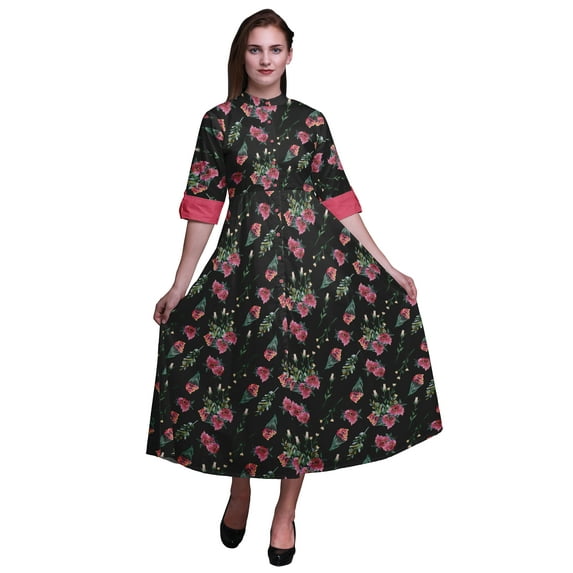 Bimba Floral Button Down Dress Print Mandarin Collar Roll Up Sleeves Shirt Dress-X-Small