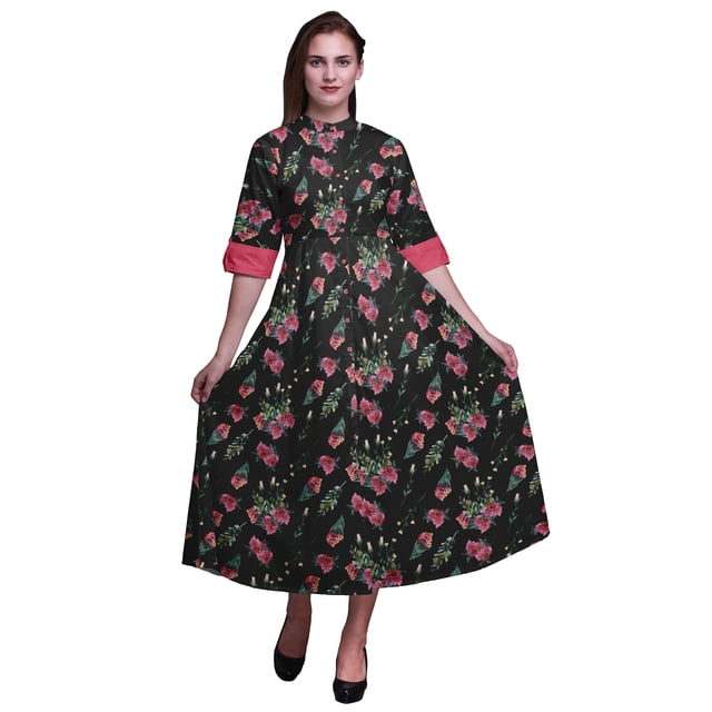 Bimba Floral Ladies Button Down Print Dress A-Line Cocktail Party Shirt Dress-Small