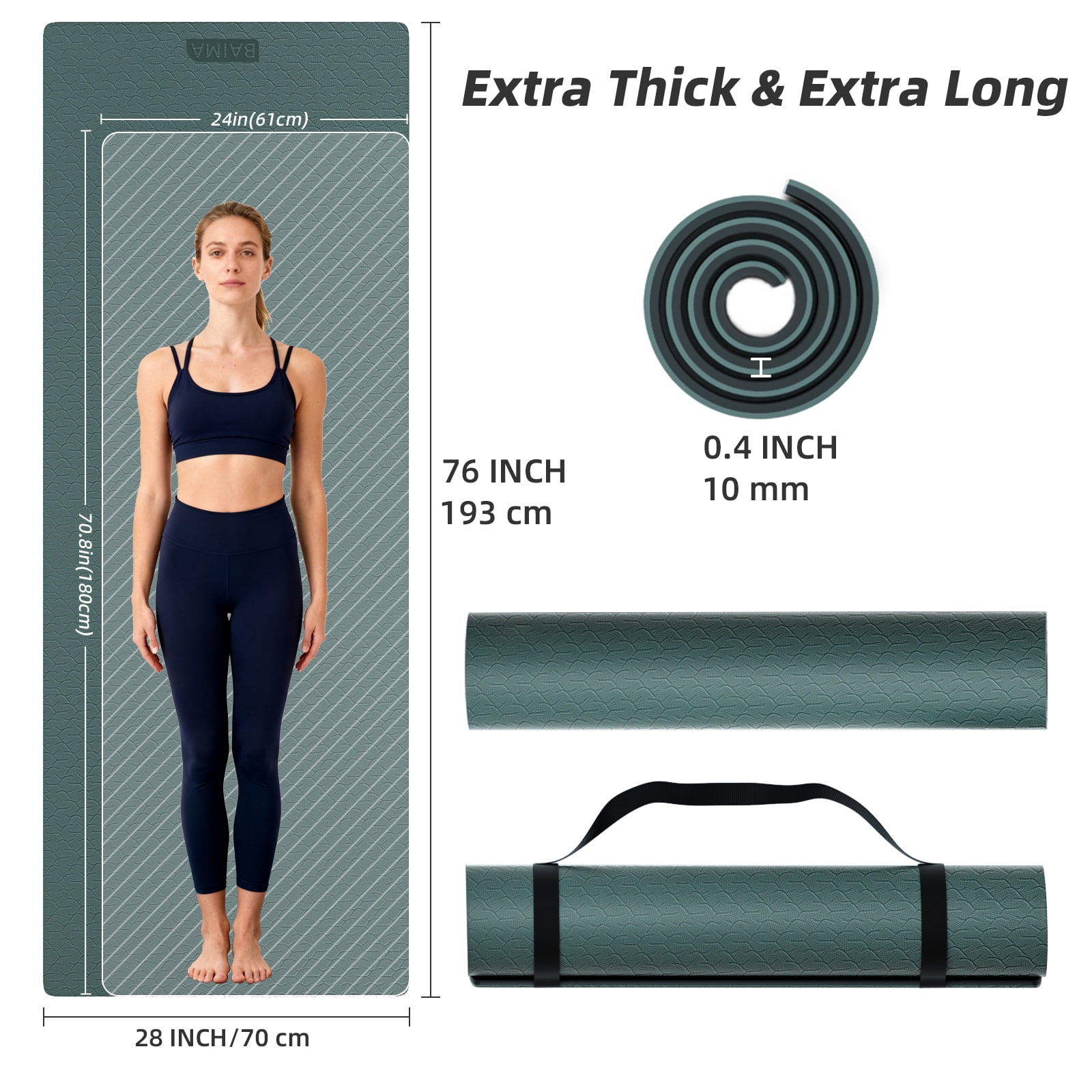 BAIMA Large Yoga Mat Thick Extra Wide and Long ,Roll-up Pilates Mats ,Eco TPE Double-Sided Exercise Pad with Carry Strap(Darkgreen+Grey)