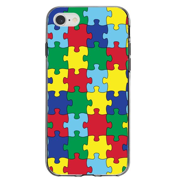 DistinctInk Clear Shockproof Hybrid Case for iPhone 7 8 SE (2020 Model) 4.7" Screen TPU Bumper Acrylic Back Tempered Glass Screen Protector - Primary Color Puzzle Pieces Autism - Austism Awareness