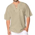 thumbnail image 1 of Hombres Camiseta con Cuello en V Correa Cruzada Manga Corta Color Puro Casual Top de Verano para Uso Diario Beige L, 1 of 8