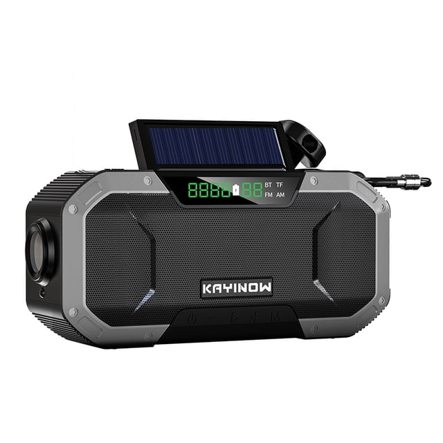 Radio con altavoz y Bluetooth a prueba de agua con manivela solar AM/FM, luces LED y batería externa de 5000 mAh para aventuras al aire libre