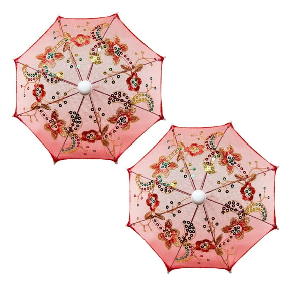 THY COLLECTIBLES Pack of 2 Mini Lace Umbrella Parasols with Sequins - Delicate Dolls Size Decorative Small Umbrella for Weddings, Baby Showers, Parties and Events - 11.6 inch Diameter Red