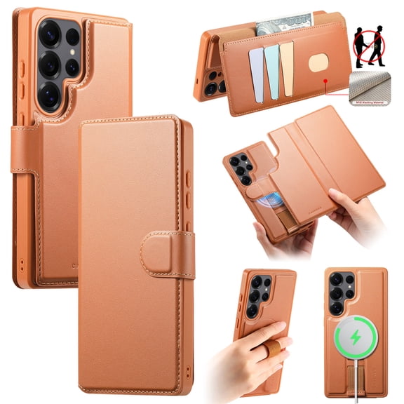 Detachable Wallet Case for Samsung Galaxy S26 Ultra with RFID Blocking Card Holder, Premium PU Leather Magnetic Stand Shockproof Removable Flip Protective Cover with Wristband, Brown