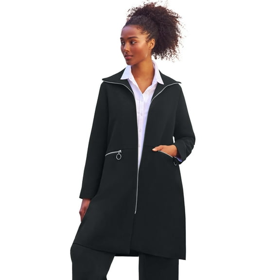 ellos Women's Plus Size Zip-Front A-Line Coat With Back Inverted Pleat - 18, Black