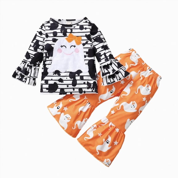 yboeqw 9 12 18 Months 2T 3T 4T Toddler Girl Halloween Outfit Set Ghost Long Sleeve Top Flare Pant Kids Fall Holiday Clothes,Size 12-18 Months