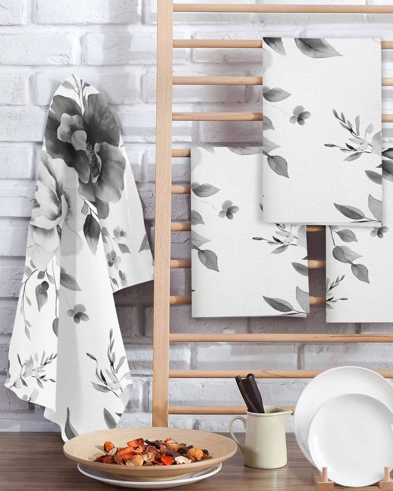 Grey Floral Art Kitchen Dish Towels for Drying Dishes Set of 4, Watercolor Botanical Spring Flowers Waffle Weave Microfiber Terry Hand Tea Bathroom Towels Quick Dry & Absorbent Towel 15.7x23.6
