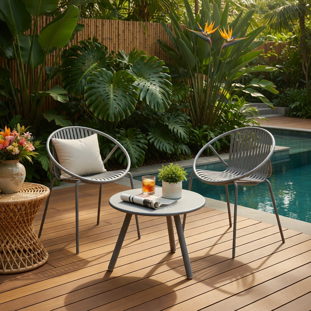 Hommoo All-Weather Outdoor Patio Conversation Set, 2 Ergonomic PP Chairs + Round Coffee Table, Heavy-Duty Metal Frame, Waterproof & UV-Resistant for Backyard, Poolside, Living Room, Gray