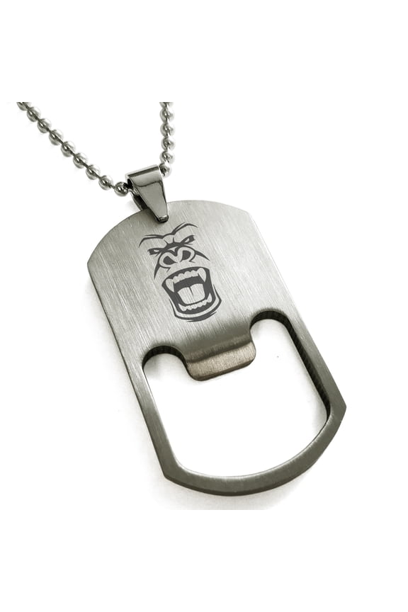 Stainless Steel Formidable Kong Gorilla Engraved Bottle Opener Dog Tag Pendant Necklace