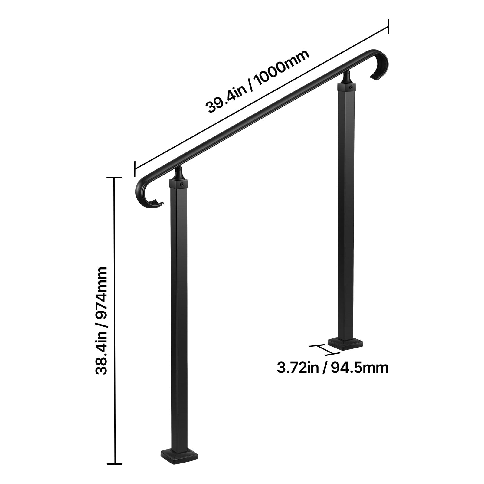 VEVOR Handrails for Outdoor Steps, 2-3 Step Adjustable Height, Carbon Steel Transitional Handrail with Installation Kit, Exterior Hand Railing for Steps, Concrete or Wooden Stairs, Porch, Matte Black