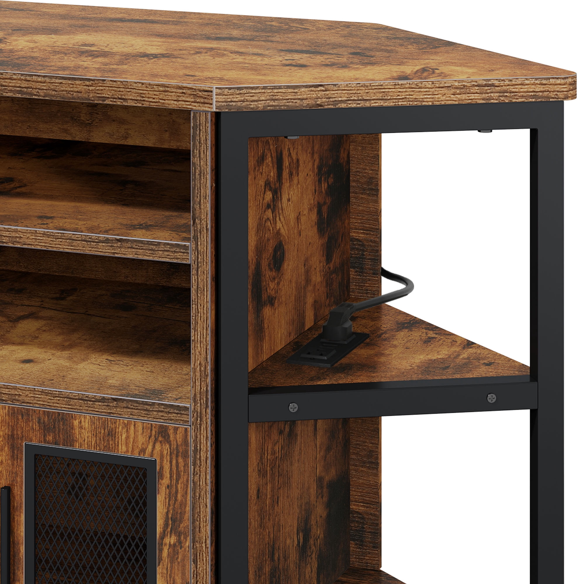 Uforic Modern Corner TV Stand with Adjustable Layer Board, Double Door Mesh Cabinet & 96-Hole Metal Handle, with 2 Outlets 2 USB Ports Power Socket,Brown