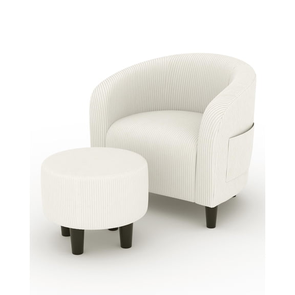 Garvee Modern Accent Chair with Ottoman Corduroy Fabric with Side Pocket for Living Room, White